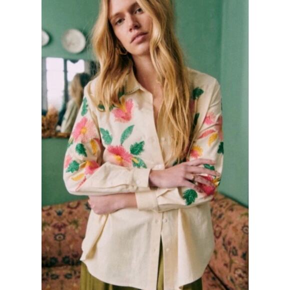 Sezane Tops - Sezane Maxy Top Shirt Oversized Beige Fits 16 & Up Floral Embroidered Button Up